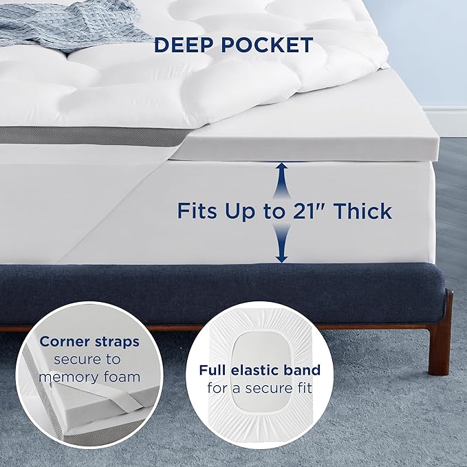Bedsure 4 Inch Memory Foam Queen Mattress Topper, Dual Layer 2.5 Inch Gel Memory Foam & 800 GSM Waterproof Pillow Top Cooling Mattress Pad with 8-21 Inch Deep Pocket (Queen, 60x80 Inches)