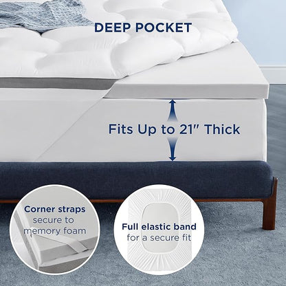Bedsure 4 Inch Memory Foam Queen Mattress Topper, Dual Layer 2.5 Inch Gel Memory Foam & 800 GSM Waterproof Pillow Top Cooling Mattress Pad with 8-21 Inch Deep Pocket (Queen, 60x80 Inches)