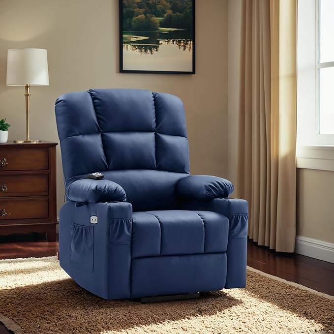 MCombo Large Dual Motor Power Lift Recliner Chair for Elderly, Massage and Heat, Lay Flat, Zero Gravity, Home Button, USB Port, Faux Leather 7680 (Navy Blue, Large)