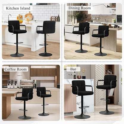 Furniliving Swivel Bar Stools Set of 4, Adjustable Kitchen Counter Height BarStools with Arms, Sherp Upholstered Bar Chair with Back and Footrest for Dining Room, Kitchen, Pub, Bar (Black)