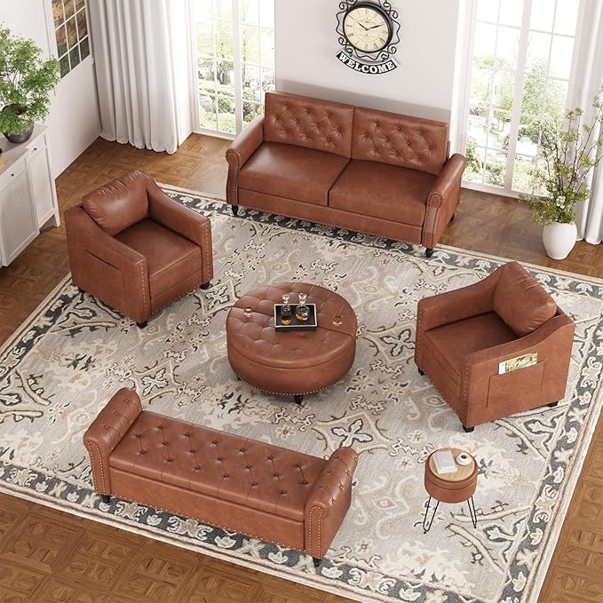 Mid Century Modern Accent Chair, 30 Inches PU Leather Armchairs, Barrel Chair Living Room Chairs Club Chair with Cushion Reading Chair for Bedroom, Apartment, Reading Room, Brown