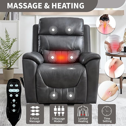 Power Lift Recliner Chair for Elderly People, Dual Motor Lay Flat Recliner with Vibration Massage and Heat, Heavy Duty Motion Mechanism Standing Assistance Reclining Chair, Faux Leather Dark Gray
