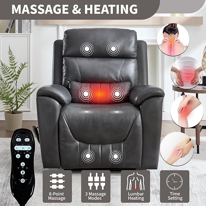 PELUMY Power Lift Recliner Chair for Elderly with Massage and Heat, Dual Motor Heavy Duty 350lbs Recliner, 8-Point Vibration & Lumbar Heating, Electric Lift Chair (Breathable Leather, Dark Grey)