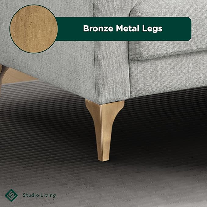 Studio Living® Matthew 83.5" Sofa Chaise, Mid-Century Modern, Pocket Coil Comfort, Reversable Chaise, Metal Brushed Bronze Legs, Chenille Fabric, Ivory