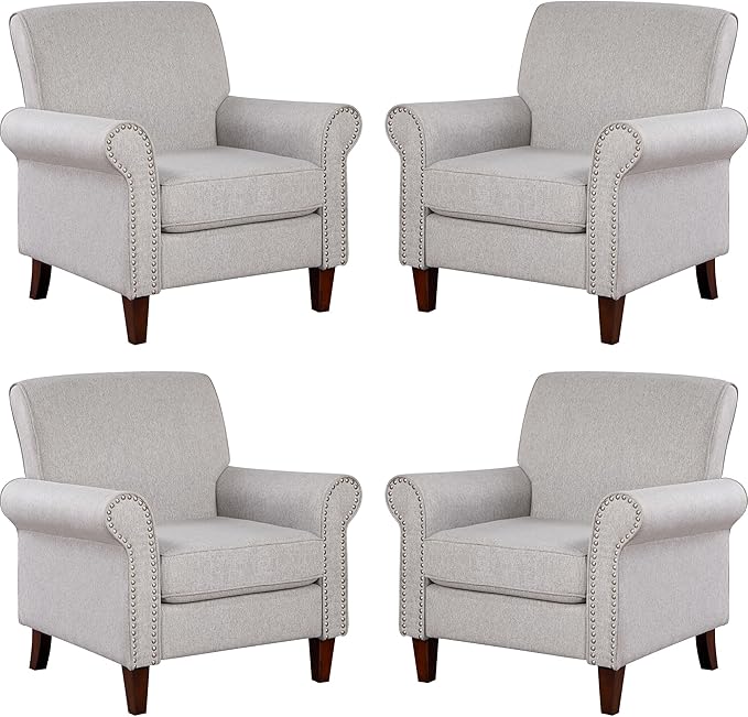 Prilinex Upholstered Living Room Chair Set of 4 - Large Comfy Fabric Accent Chair Single Sofa with Cushion, Rolled Armrest & Nailhead Trim, Mid Century Modern Armchair for Bedroom, Office, Grey
