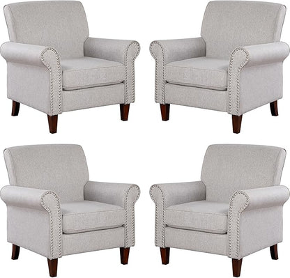 Prilinex Upholstered Living Room Chair Set of 4 - Large Comfy Fabric Accent Chair Single Sofa with Cushion, Rolled Armrest & Nailhead Trim, Mid Century Modern Armchair for Bedroom, Office, Grey