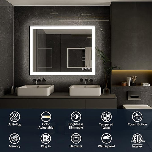 ISKM Framed LED Mirror for Bathroom 55"x36", Dimmable LED Bathroom Mirror with Lights, Anti-Fog, Front and Backlit Lighted Mirror 3-Colors, Shatterproof, Memory Function