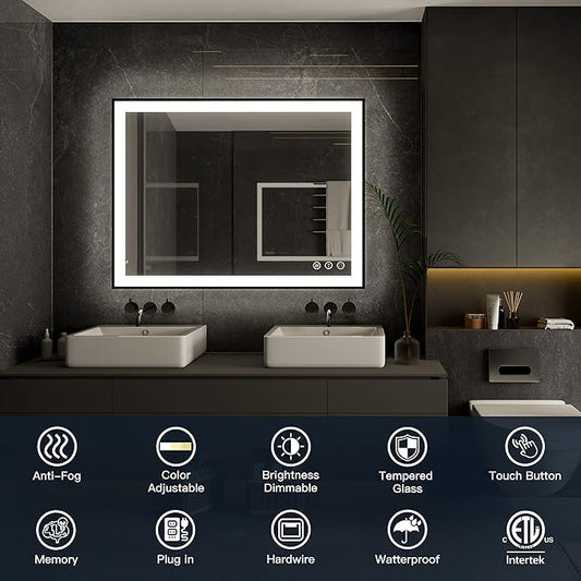 ISKM Framed LED Mirror for Bathroom 36"x32", Dimmable LED Bathroom Mirror with Lights, Anti-Fog, Front and Backlit Lighted Mirror 3-Colors, Shatterproof, Memory Function