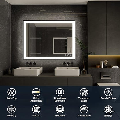 ISKM Framed LED Mirror for Bathroom 44"x36", Dimmable LED Bathroom Mirror with Lights, Anti-Fog, Front and Backlit Lighted Mirror 3-Colors, Shatterproof, Memory Function