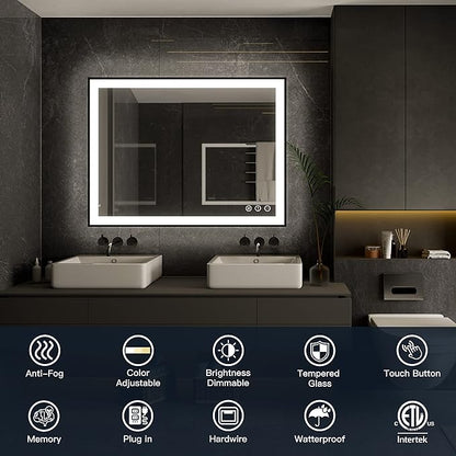 ISKM Framed LED Mirror for Bathroom 72"x40", Dimmable LED Bathroom Mirror with Lights, Anti-Fog, Front and Backlit Lighted Mirror 3-Colors, Shatterproof, Memory Function