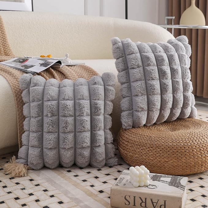 Neelvin Grey Faux Fur Cozy Soft Plaid Decorative Throw Pillow Covers 18x18 inch Set of 2,Velvet Pillowcase Cushion Case for Sofa Couch