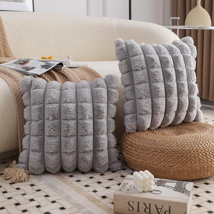 Neelvin Grey Faux Fur Cozy Soft Plaid Decorative Throw Pillow Covers 20x20 inch Set of 2,Velvet Pillowcase Cushion Case for Sofa Couch