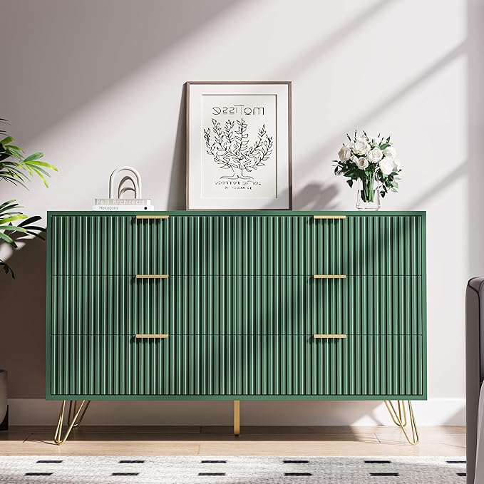Green Dresser for Bedroom, Modern Dresser with Gold Metal Handles & Chests of Drawers, Wood Chest of Drawers for Bedroom