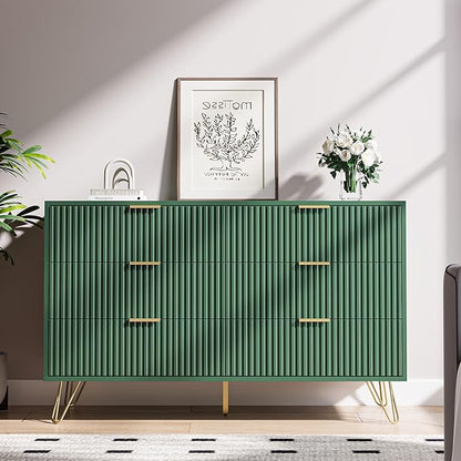 Green Dresser for Bedroom, Modern Dresser with Gold Metal Handles & Chests of Drawers, Wood Chest of Drawers for Bedroom