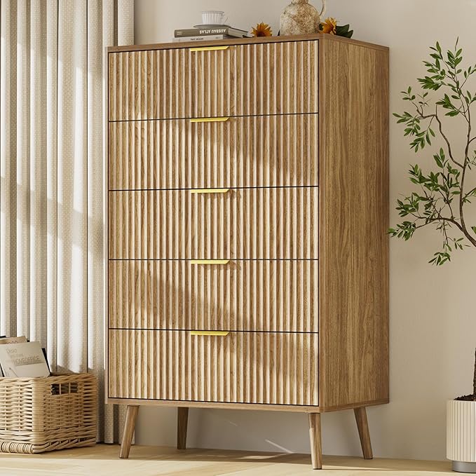 LYNSOM Fluted Dresser and Nightstand Sets 2 Piece, 2-Drawer Nightstands and 5-Drawers Dresser, Wood Bedroom Furniture Set for Home, Bedroom, Hallway, Natural Oak