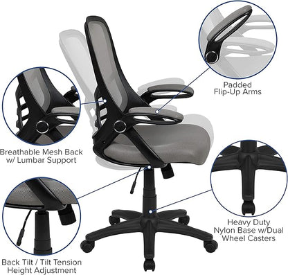 Flash Furniture Porter High-Back Swivel Office Chair with Adjustable Lumbar Support and Seat Height, Ergonomic Mesh Desk Chair with Flip-Up Armrests, Gray/Black