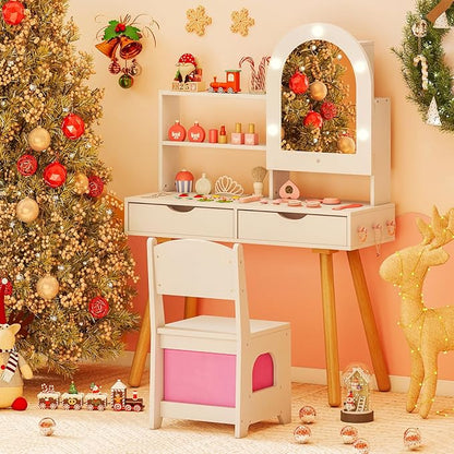 Costzon Kids Vanity with Lights, Girls Vanity Set with Mirror Cabinet, Storage Drawers, Hooks & Shelves, Toddler Makeup Vanity Desk Dressing Table, Wooden Kids Vanity Table and Chair Set (White)