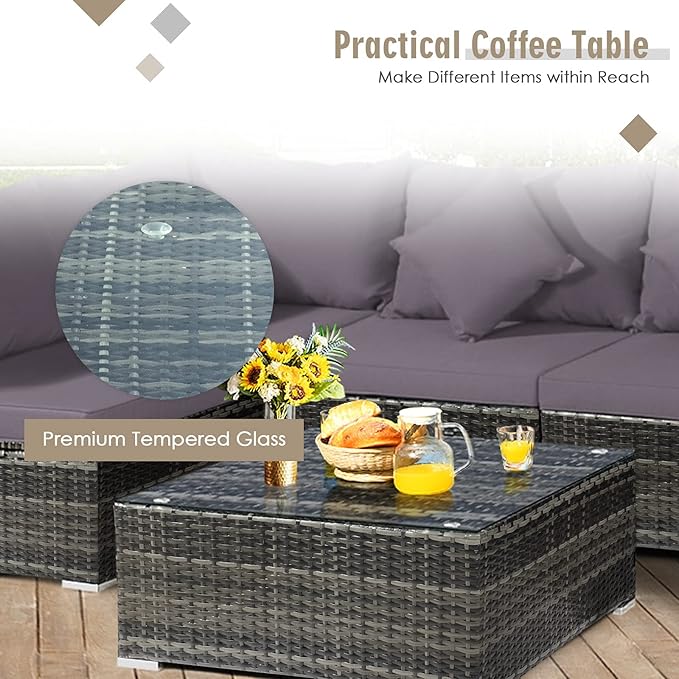 Tangkula 7 Pieces Patio Rattan Furniture Set, Patiojoy Outdoor Conversation Set with Cushions and Tempered Glass Coffee Table, All-Weather Sectional Sofa Set for Garden, Lawn, Backyard (Grey)