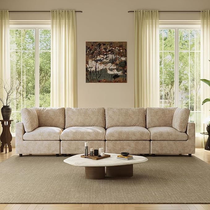 WJShome Modern Sectional Sofa 134 Inch 4-Seater Cloud Couch with Chenille Deep Seat Couches for Living Room, Bedroom and Apartment，Khaki