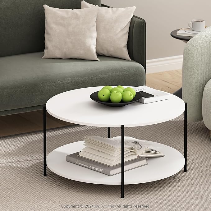Furinno BESI Coffee Table, 2-Tier Round Modern Coffee Table with Metal Legs, Metal Frame Side Table with Open Shelf, for Living Room, Bedroom, Home Office, White