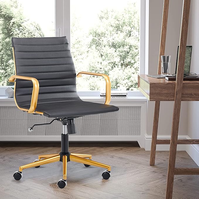 COROCC Office Desk Chair Modern Conference Room Task Chairs Leather Computer Swivel Excutive Ribbed Ergonomic Rolling Comfortable Chair for Home Office Black and Gold Chair