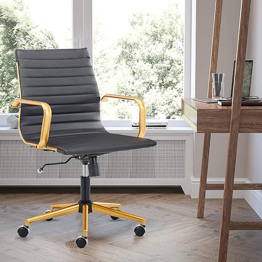 COROCC Office Desk Chair Modern Conference Room Task Chairs Leather Computer Swivel Excutive Ribbed Ergonomic Rolling Comfortable Chair for Home Office Black and Gold Chair
