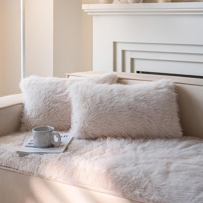 Neelvin Beige Faux Fur Cozy Fluffy Double-Sided Decorative Throw Pillow Covers 12x20 inch Set of 2,Velvet Pillowcase Cushion Case for Sofa Couch