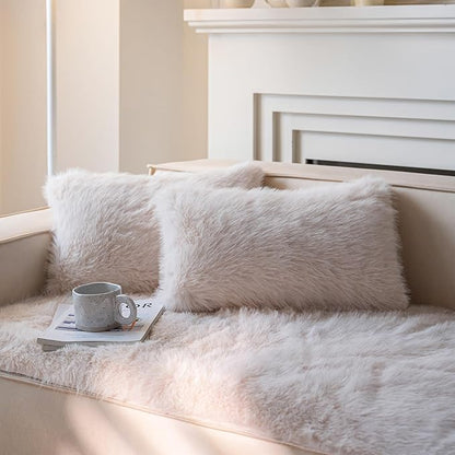 Neelvin Beige Faux Fur Cozy Fluffy Double-Sided Decorative Throw Pillow Covers 12x20 inch Set of 2,Velvet Pillowcase Cushion Case for Sofa Couch