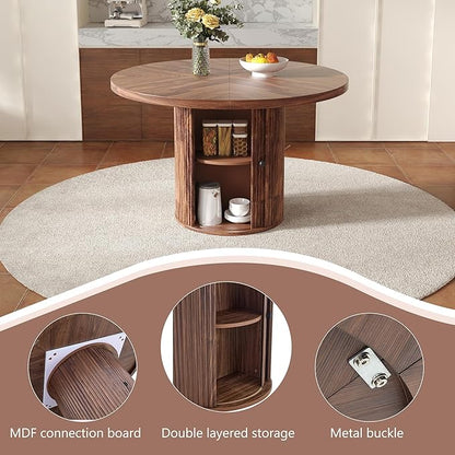 5 Piece Dining Table Set with Two Storage, 47" Round Dining Table Set for 4 with PU Leather Chairs, Round Kitchen Table and Chairs for 4 with 1.7” Thick Wood Top, Roman Column Pedestal, Space-Saving