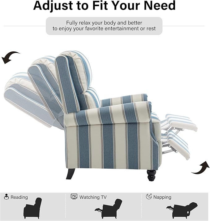 Recliner Chair, Modern Pushback Armchair with Adjustable Backrest & Footrest for Bedroom, Living Room -Navy Blue Stripe,Set of 1