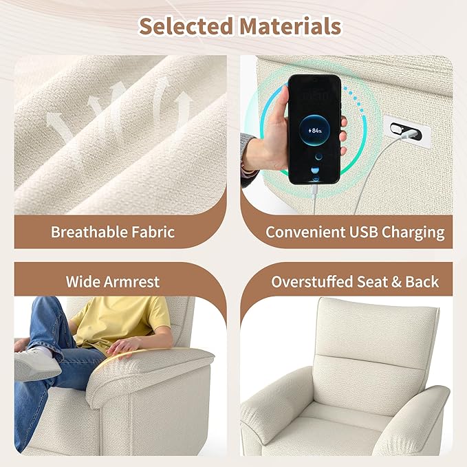 Power Lazy Boy Recliner Chair, Zero Wall Hugger Nursing Recliner for Living Room with USB Port, Lazy Recliners Chair for Adults, Reclining Armchair for Small Space/Bedroom/Apartment (Beige)