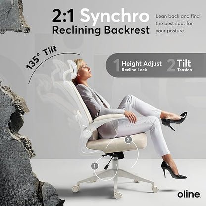 Oline ErgoAir Ergonomic Office Chair – Adjustable Lumbar Support, Flip-Up Armrests, Mesh Computer Desk Chair, Swivel Rolling Executive Gaming Chair for Home & Office (Beige)