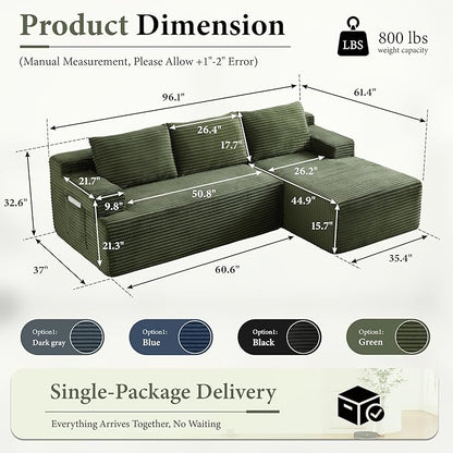 96''Sectional Couches for Living Room,Modern Modular Sectional Sofa,Upholstered Boneless Couch with Pockets,Comfy Cloud Couch with L Shaped Chaise(Green, 96''W Right Facing Chaise)