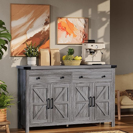 55" Sideboard Buffet Cabinet with Storage, Coffee Bar Cabinet with 2 Drawers and 4 Barn Doors, Long Storage Cabinet Modern Farmhouse, Grey Wood, for Kitchen, Dining Room, Living Room