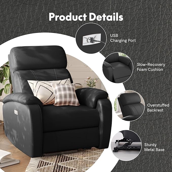 FLEXISPOT X3 Power Recliner Chair, Adjustable Electric Recliner with USB Port, Thick Cushion & Padded Back, Comfortable Faux Leather Chair for Living Room Bedroom Home Theater (Black)