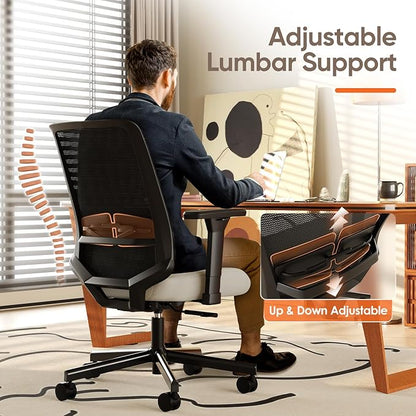 Ergonomic Office Chair, Mesh Computer Desk Chairs with Adjustable Lumbar Support, 3D Armrests, Tilt Function, Comfy Wide Seat, Swivel Executive Work Task Chair for Company and Home