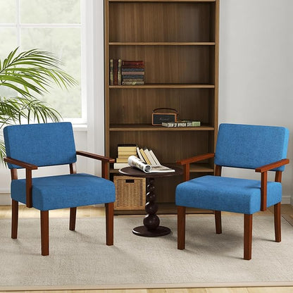 KOMFOTT Upholstered Accent Chairs Set of 2, Mid-Century Modern Armchair with Rubber Wood Frame, Linen Living Room Chairs with Padded Seat & Backrest, Reading Chair for Bedroom, Waiting Room, Blue
