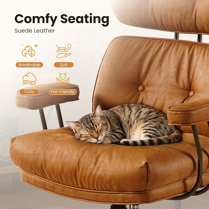 Home Office Desk Chair, Mid-Century Modern Office Chair with Adjustable Lumbar Support, Thickened Cushion Executive Desk Chair with 360 Rolling Swivel for Meeting Game Study Room(Light Brown)