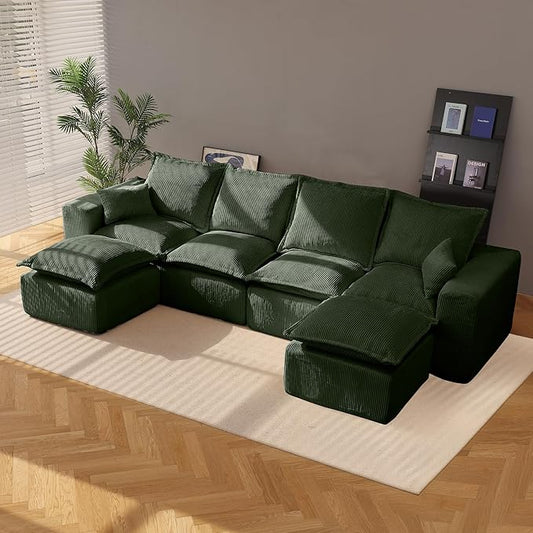 137" Comfy Cloud Couch with U-Shape Chaise & Deep Seat, Modular Sectional Sofa in a Box, Boneless Upholstered Couches for Living Room, No Assembly Required (Soft Corduroy, Green)
