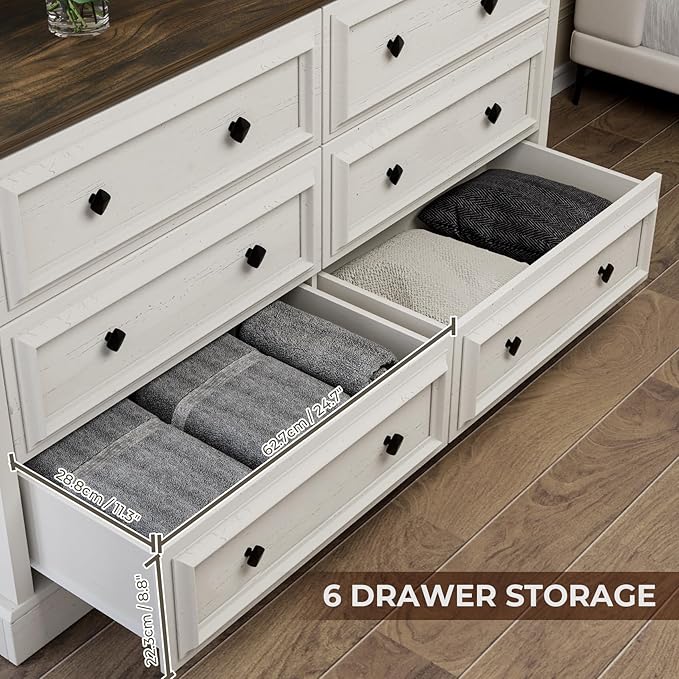 Farmhouse 6 Drawer Dresser for Bedroom, 54" Wide Wood Dresser with Natural Texture, Rustic Chest of Drawers for Bedroom with Vintage Metal Hands, for Living Room, Hallway, Antique White