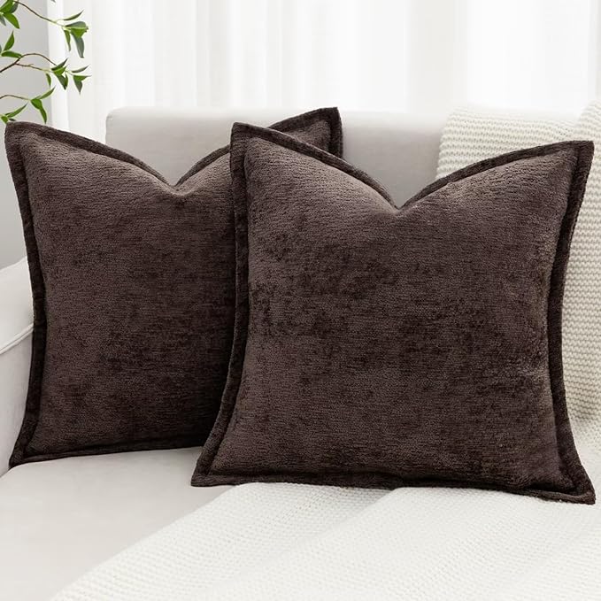 Brown Decorative Throw Pillow Covers 20x20 Inch Set of 2 Cozy Soild Chenille Cushion Cases Soft Textured Square Couch Pillows Cover Boho Accent Farmhouse Pillowcases for Sofa Bed