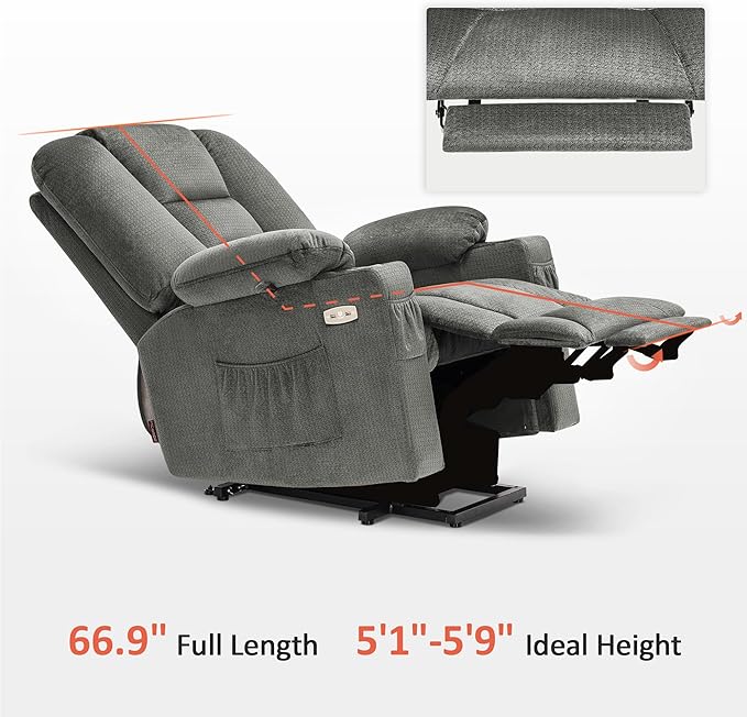 MCombo Power Lift Recliner Chair with Massage and Heat for Elderly People, Cup Holders, USB Ports, Side Pockets, Fabric 7529 (Medium, Grey)