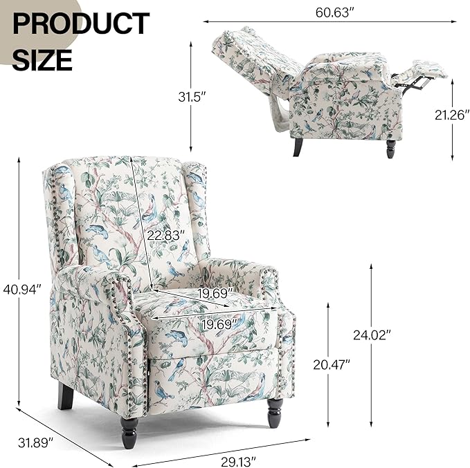 Recliner Chair, Upholstered Wingback Floral Pushback Armchair with Adjustable Backrest & Footrest, Comfy Accent Chair Reading Single Sofa for Small Spaces, Living Room, Bedroom (Bird, Set of 2)