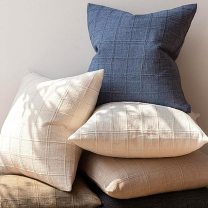 Foindtower Set of 2 Decorative Linen Check Throw Pillow Covers Neutral Farmhouse Vintage Cushion Covers Modern Coastal Boho Home Decor for Sofa Chair Couch Bedroom Living Room,16×16 Inch,Blue