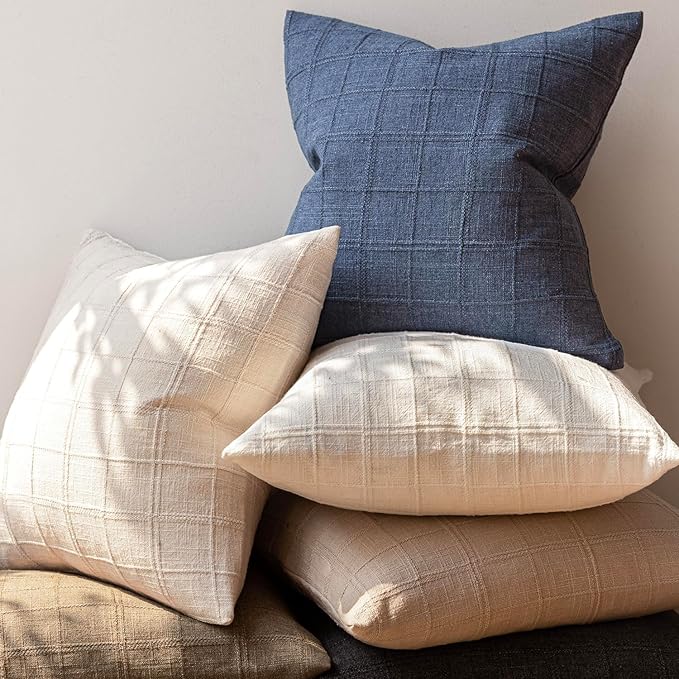 Foindtower Set of 2 Decorative Linen Check Throw Pillow Covers Neutral Farmhouse Vintage Cushion Covers Modern Coastal Boho Home Decor for Sofa Chair Couch Bedroom Living Room,24×24 Inch,Blue