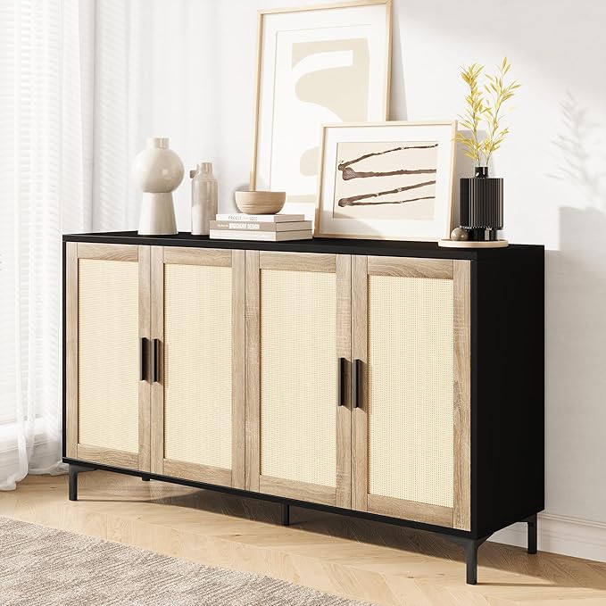 JASIWAY Sideboard - Buffet Cabinet with Storage, Rattan Kitchen Buffet Cabinet Accent Sideboard Cabinets with Doors, Coffee Bar Cabinets Rattan Sideboards for Living Room, Entryway, Black