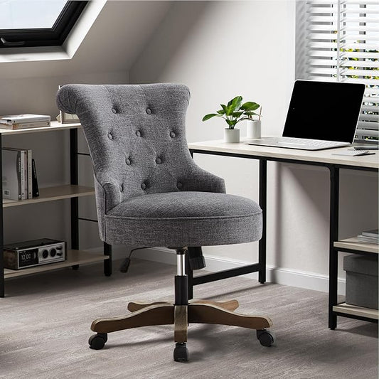 HUIMO Home Office Chair Upholstered Armless Desk Chair with Wheels Adjustable Height Computer Desk Chair with Wooden Legs Linen Fabric Comfortable Swivel Chairs for Home Office Study Studio (Grey)