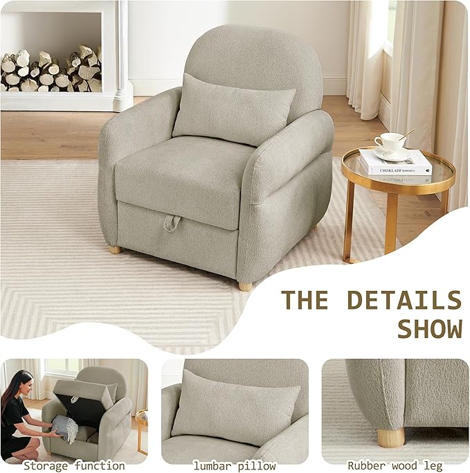 33.5" Mordern Accent Chairs,Reading Chair with Storage,Single Sofa in Chenille Fabric for Living Room, Bedroom and Compact Spaces. (Grey)