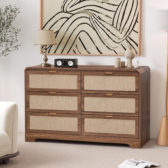 6 Drawer Dresser for Bedroom, 48" Wide Curved Wooden Dresser with Natural Linen & Metal Handle, Mid Century Modern Chest of Drawers Closet Clothes Storage Organizer for Living Room, Walnut