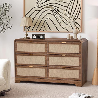 6 Drawer Dresser for Bedroom, 48" Wide Curved Wooden Dresser with Natural Linen & Metal Handle, Mid Century Modern Chest of Drawers Closet Clothes Storage Organizer for Living Room, Walnut